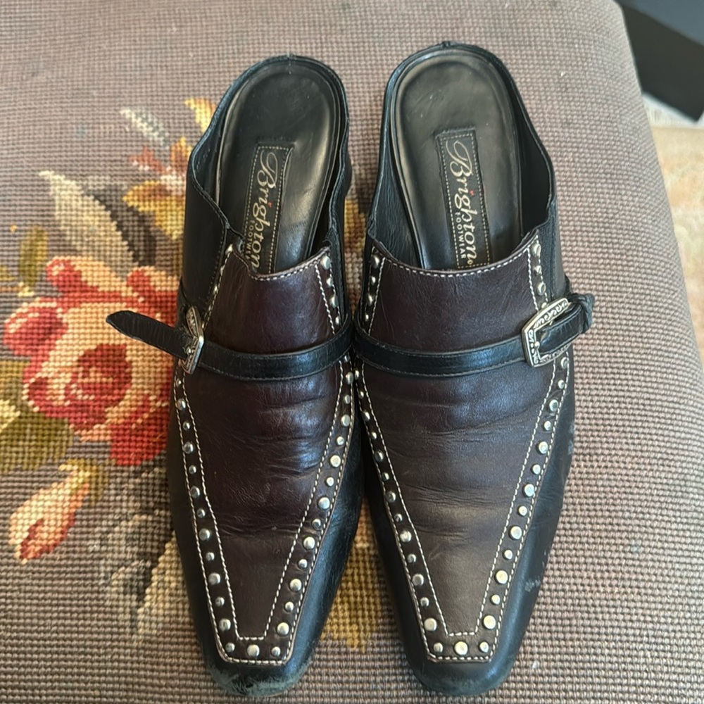 Vintage Brighton Tempe Black/Chocolate Heeled Mule Slides sz  6 Stud Buckle